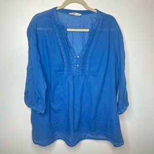Old Navy Blue Lightweight 3/4 Sleeve Blouse XXL Buttons And Crochet Design